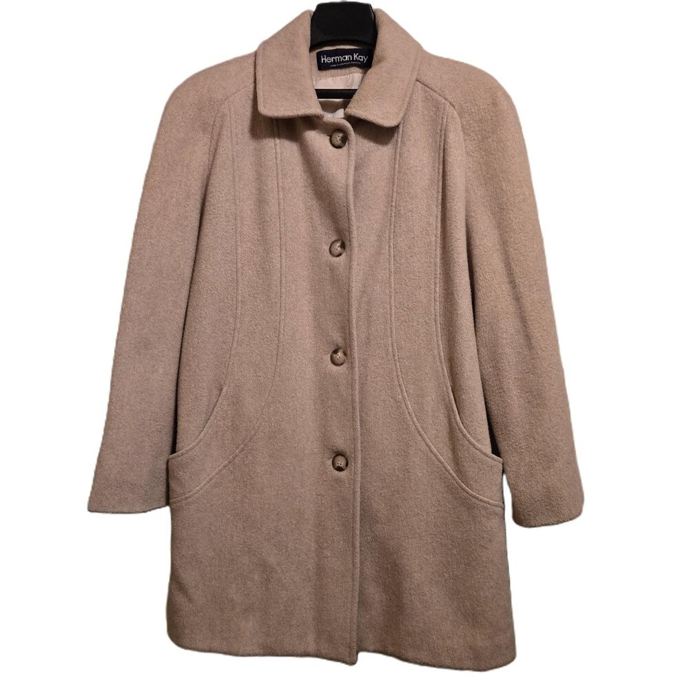 HERMAN KAY Classic Beige Pea Coat Wool Blend Vtg Womenโs 12 Lined Quiet Luxury